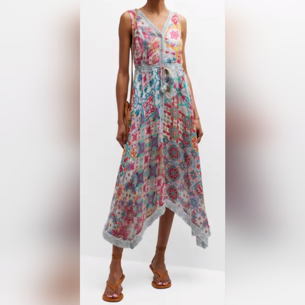 Johnny Was Multicolor Floral Patchwork V-Neck Handkerchief-Hem Dress